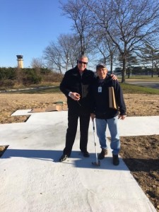 TMF Pres and VP on a frigid Dec. day (note the VP’s ear muffs) laying out plans for the upcoming installation of granite, pavers and other pieces to complement this Centennial memorial park.